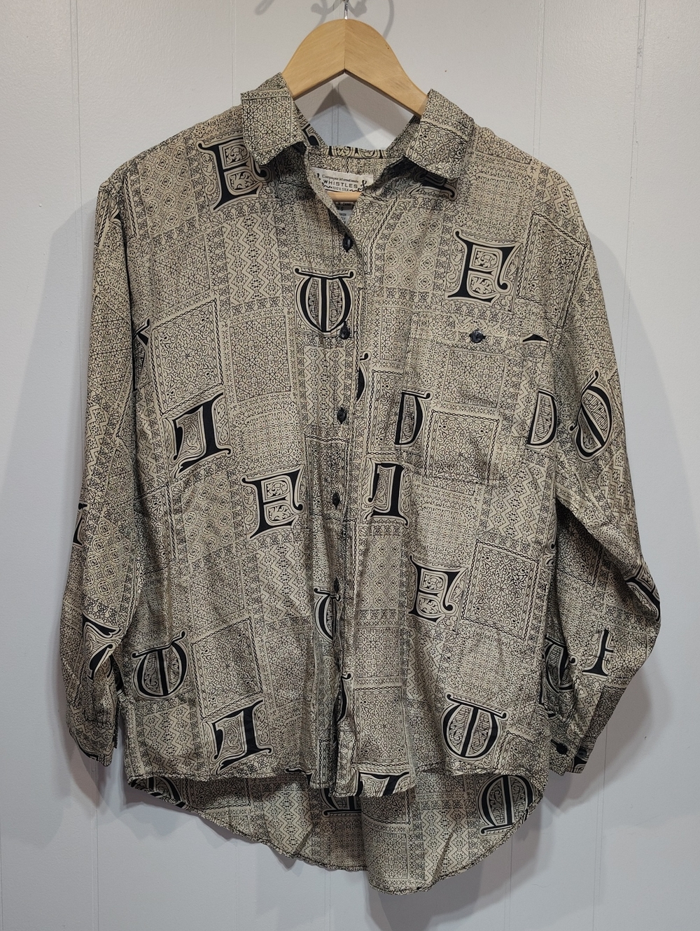 Vintage Whistles 100% Silk Hieroglyphic Antique Script Print Blouse Small - Picture 5 of 5